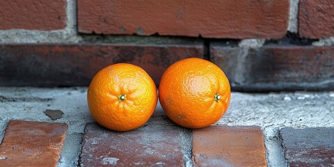 Poster - Fresh ripe oranges placed side by side on a textured brick surface showcasing vibrant orange color against earthy tones of bricks.