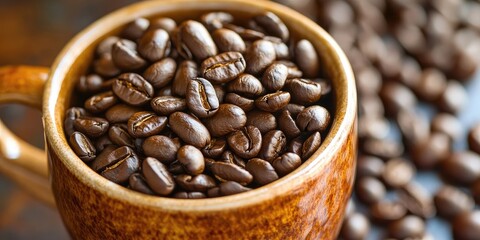 Poster - Close-up of a brown ceramic mug filled with shiny dark roasted coffee beans, surrounded by scattered coffee beans on a rustic wooden surface.