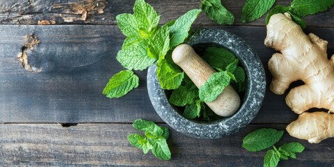 Aufkleber - Stone mortar with pestle surrounded by fresh mint leaves and ginger root on a rustic wooden surface captured from above with ample copy space.