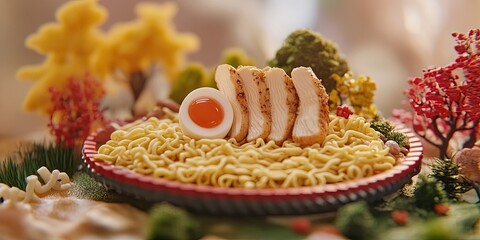 Aufkleber - Diorama style presentation of steamed chicken fillets on yellow instant ramen noodles with a soft-boiled egg in foreground surrounded by colorful foliage