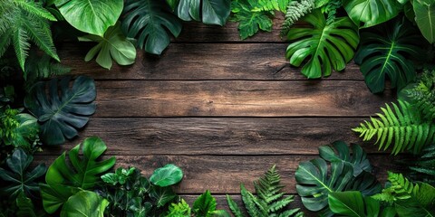 Poster - Lush green leaves framing a rich brown wooden texture creating a natural rustic background ideal for botanical or eco-friendly themes.