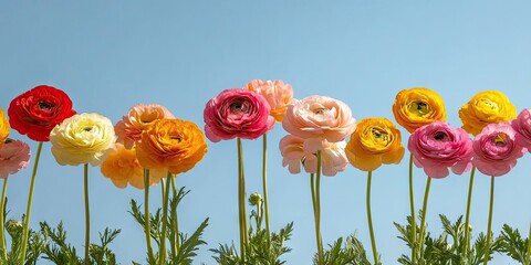 Poster - Colorful ranunculus flowers in shades of red, pink, orange, yellow, and white arranged in a row against a clear blue sky with green foliage.