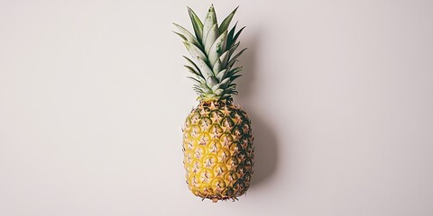 Poster - Fresh ripe pineapple viewed from above against a light neutral background showcasing vibrant green leaves and textured yellow skin at center.