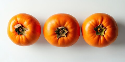 Poster - Fresh orange persimmons arranged in a straight line on a clean white background with green stems visible from a top view perspective.