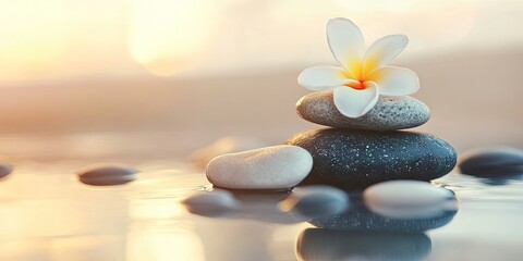 Poster - Smooth black and white spa stones stacked with a blooming white flower on top in soft warm blurred background, creating a tranquil wellness scene.