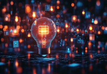 Poster - Futuristic Light Bulb Design Surrounded by Digital Icons Representing Ideas and Innovation in Technology and Connectivity