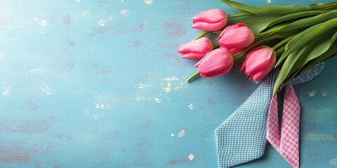 Aufkleber - Fresh pink tulips with green stems tied with blue and pink patterned ribbons on a textured blue background, creating a vibrant spring atmosphere.