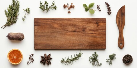 Aufkleber - Wooden cutting board surrounded by fresh herbs and fruits on a white background, top view composition ideal for recipe or menu design.