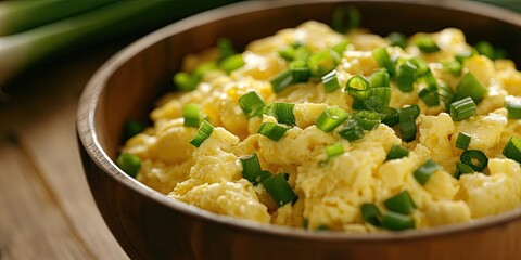 Poster - Creamy scrambled eggs topped with bright green chopped scallions in a wooden bowl on a rustic wooden surface with green onions in the background
