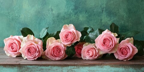 Poster - Pink roses arranged elegantly on a rustic wooden table against a textured green backdrop, featuring lush green leaves and soft pink petals.