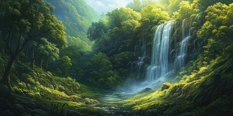 Aufkleber - Lush green forest landscape with cascading waterfall on the right, sunlight filtering through trees, serene atmosphere, rich natural colors