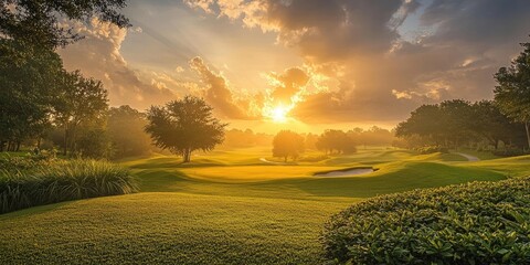Poster - Serene sunrise over a lush green golf course with fairways bathed in golden light trees in silhouette creating a tranquil picturesque scene