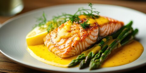 Poster - Grilled salmon fillet with creamy sauce served on a white plate accompanied by lemon slices and vibrant green asparagus on a wooden table.