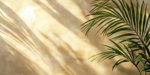 Leinwandbilder - Sunlit beige wall with soft shadows and lush green palm leaves in the foreground, creating a tranquil and inviting atmosphere.