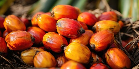 Poster - Vibrant cluster of ripe palm oil fruit showcasing shades of red and orange with a natural woven background highlighting agricultural textures.