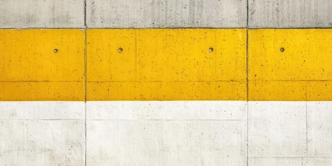 Poster - Concrete wall with three horizontal stripes: top gray, middle vibrant yellow, bottom white, creating a modern urban texture and composition.