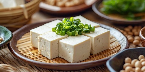 Aufkleber - Freshly sliced tofu topped with chopped green onions on a woven mat, surrounded by bowls of whole soybeans and fresh greens in a natural setting.