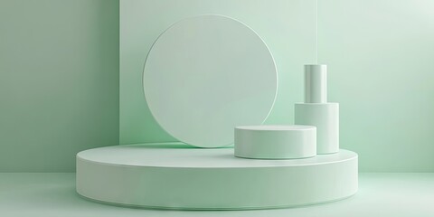 Leinwandbilder - Minimalist display with circular and cylindrical white objects on soft green background, arranged on circular platform, creating a serene atmosphere.