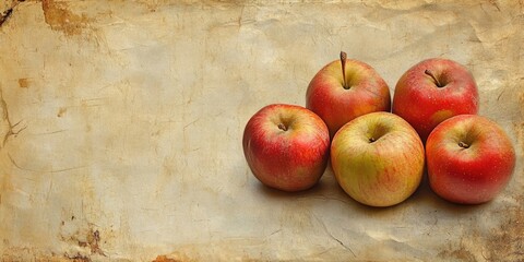 Aufkleber - Vintage paper background with five apples in varying reds and greens, positioned on a textured beige canvas, enhancing rustic charm and warmth.