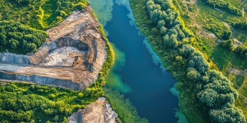 Leinwandbilder - Aerial view of a river winding through lush green foliage with excavation sites on the bank showcasing earthy tones and vibrant blues and greens.