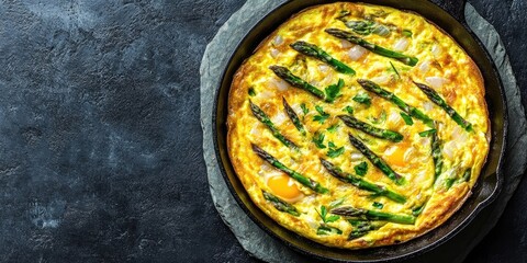 Poster - Nutritious asparagus omelet in a cast iron skillet with vibrant green asparagus and yellow eggs on a dark stone surface aerial view with ample copy space.