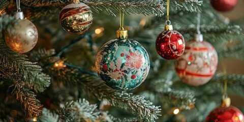 Poster - Vibrant Christmas tree adorned with colorful ornaments including green, red, and gold hanging on lush evergreen branches glowing with lights.