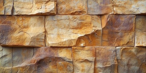 Fototapete - Texture of weathered brown and orange stone slabs stacked unevenly, showcasing shades of yellow and brown in layered rock formations.
