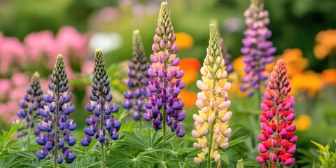 Poster - Vibrant lupine flowers in shades of purple, pink, and yellow stand tall in a spring garden, surrounded by a soft-focus backdrop of colorful blossoms.