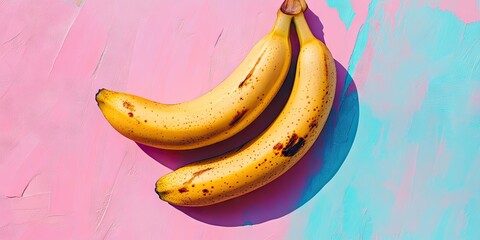Poster - Vibrant ripe bananas in yellow against a pastel pink and blue abstract background showcasing their texture and natural imperfections.