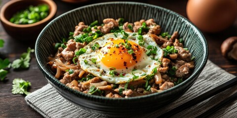 Poster - Stir-fried pork and mushrooms with a sunny-side-up egg on top, garnished with chopped green onions and cilantro in a dark ceramic bowl.
