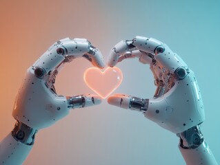 Poster - futuristic robot hands forming heart shape with light glow symbolizing love, technology, and humanit