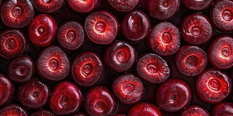 Poster - Overhead view of glossy deep red cherries cut in half on a dark background showcasing their vibrant juicy interior and rich textures