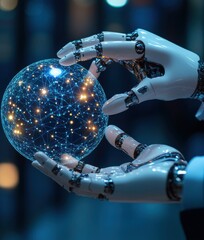 Poster - Futuristic Robot Hands Holding a Glowing Sphere with Digital Connections in a High-Tech Environment