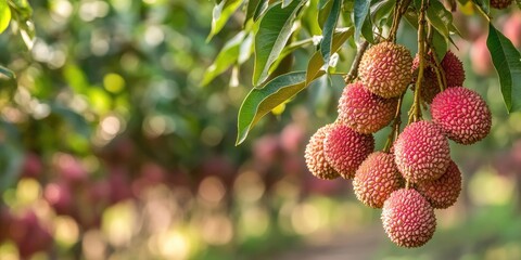 Poster - Ripe lychee fruits in pink hues dangle from a lush green tree in a vibrant plantation, showcasing freshness and readiness for harvest.