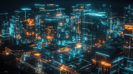 Aufkleber - A futuristic cityscape at night with interconnected homes and infrastructure, glowing lines and data points showcasing a smart city optimizing energy resources.