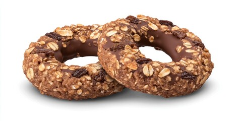 Poster - Chocolate oat cookies with nuts and raisins in a ring shape on a white background, featuring a rich dark brown glaze and a textured surface.