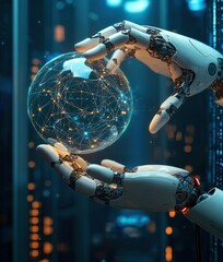 Poster - Futuristic robot hands holding a glowing spherical network of lights representing advanced technology and connectivity in a digital environment