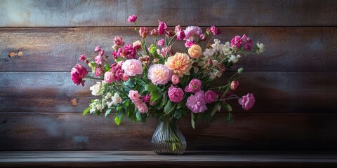 Poster - Vibrant bouquet of pink and peach roses and dahlias in a glass vase on a rustic wooden background creating a charming floral display.