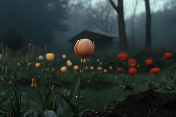 Wall Mural - Peach Tulip in a Misty Garden