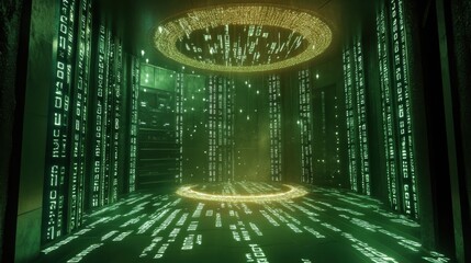 Aufkleber - Futuristic Digital Space with Glowing Symbols and Rings of Light
