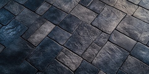 Poster - Dark textured interlocking stone tiles with varying sizes and shadows, arranged in a geometric pattern on a flat surface for modern interior design.