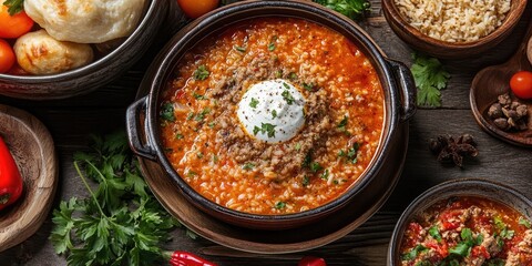Aufkleber - A rustic table setting featuring a vibrant bowl of savory rice dish topped with sour cream, fresh herbs, and accompanied by bread and vegetables.