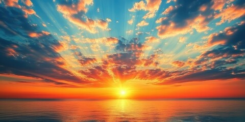 Poster - Vibrant sunset over calm sea with radiant orange and blue clouds reflecting on water creating a serene nature scene at twilight