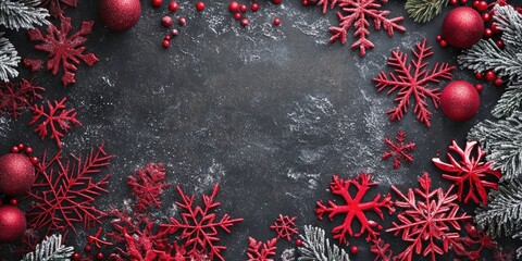 Poster - Elegant Christmas background with red snowflakes and ornaments arranged on a dark grey surface creating a vibrant festive frame and ample copy space.
