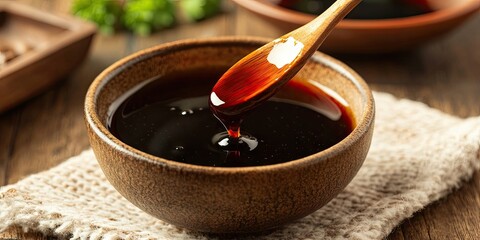 Aufkleber - Bowl of dark soy sauce with a wooden spoon dipping in, placed on a textured beige cloth with rustic wooden background and herbs in the distance