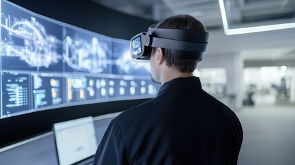 Poster - A futuristic control room with an operator using AR technology to view operational data and receive expert guidance, optimizing decision-making with real-time feedback.