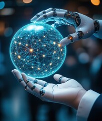 Poster - Futuristic robotic hand holding glowing digital globe with interconnected lines symbolizing technology, innovation, and connectivity in the modern world