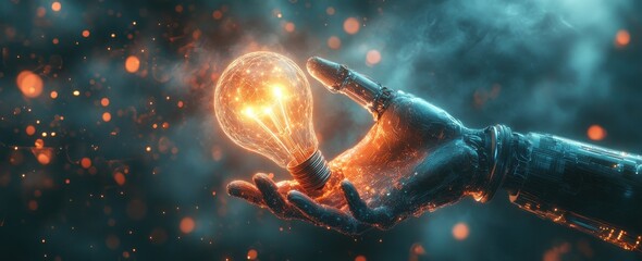 Poster - futuristic robotic hand holding glowing light bulb with sparks, symbolizing innovation and technolog