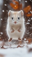 Poster - Playful energy of a white stoat is captured midleap in this vivid photograph with its fur in sharp focus contrasting beautifully with the soft blurred background of snow and earthy tones
