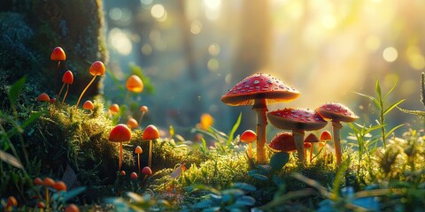 Aufkleber - Vibrant forest scene featuring red-capped mushrooms among lush green moss and golden sunlight filtering through trees in a serene natural setting